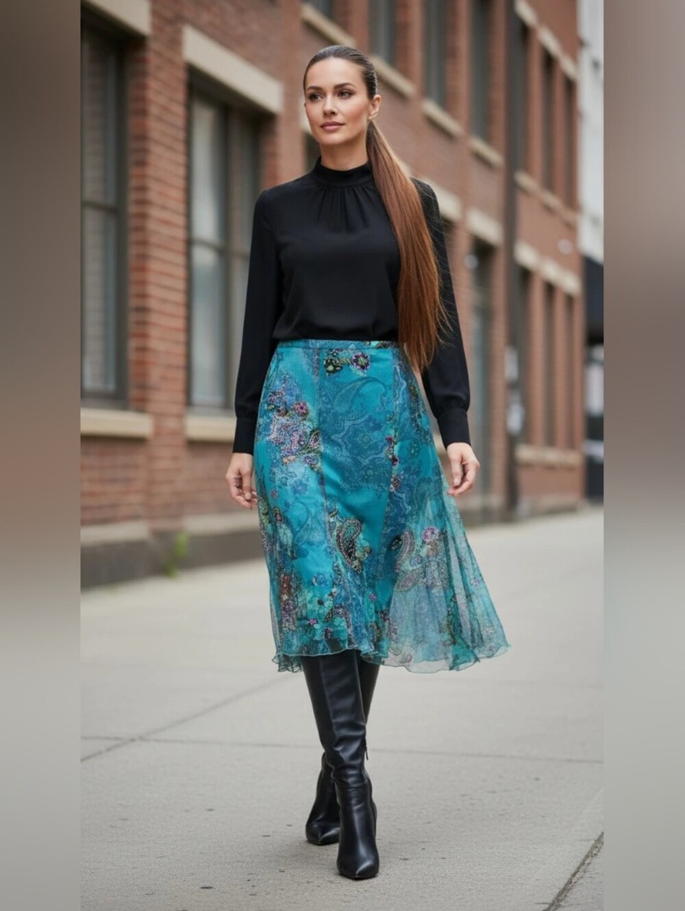 PASSIONE Teal Floral A-Line Midi Skirt 46 Italian (12-14) Usa